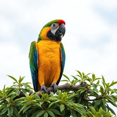 The primary subject of the image is a colorful parrot perched on a tree branch. The setting is an outdoor environment with a tree and a blue sky in the background. The visual style is a photo, capturing the vibrant colors and details of the parrot. The colors and mood of the image are lively and cheerful, with the parrot being the main focus and source of visual interest.